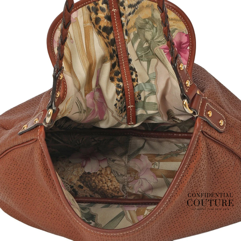 Brown Perforated Leather/Jungle Print Fabric Reversible Shoulder Bag