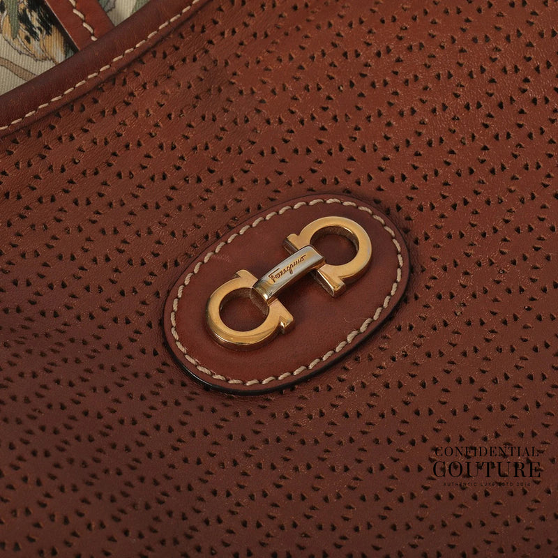 Brown Perforated Leather/Jungle Print Fabric Reversible Shoulder Bag