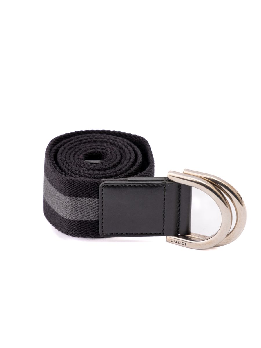 Gucci Black/Grey Canvas Stripe D Ring Belt Size 90/36