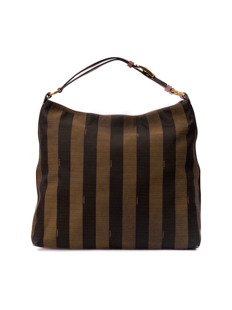 Fendi Tobacco Pequin Stripe Canvas and Leather Hobo One Size