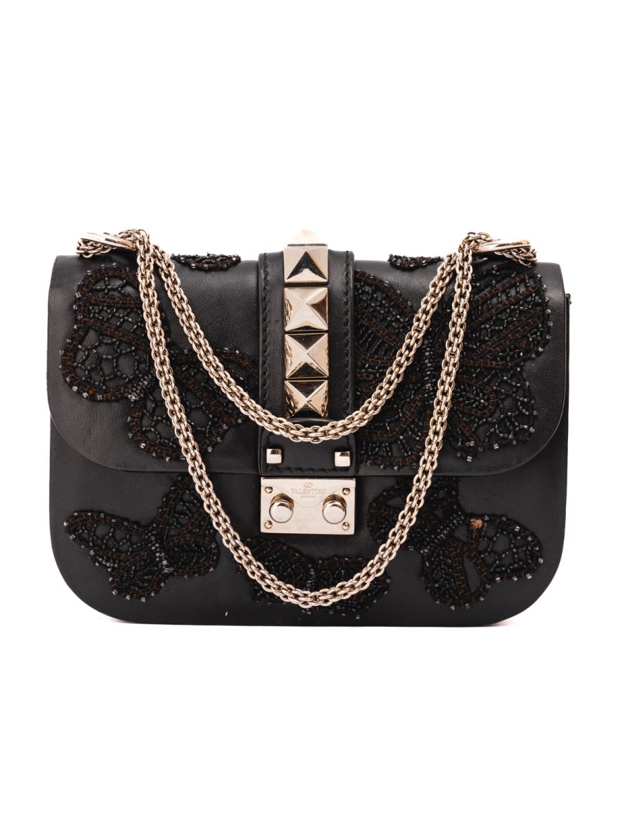 Valentino Leather Butterfly Embroidered Glam Lock Bag