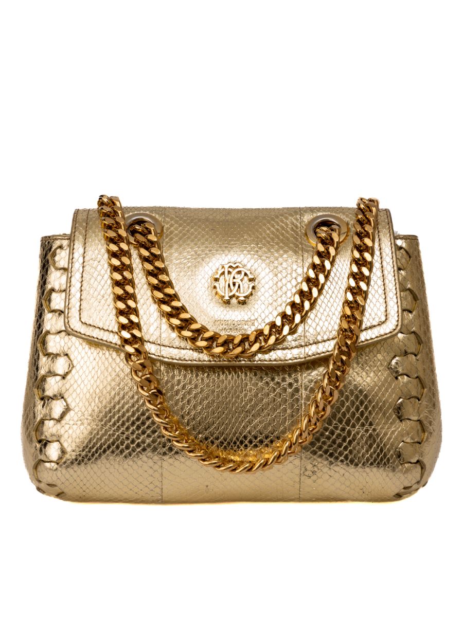 Roberto Cavalli Gold Python Embossed Shoulder Bag Small