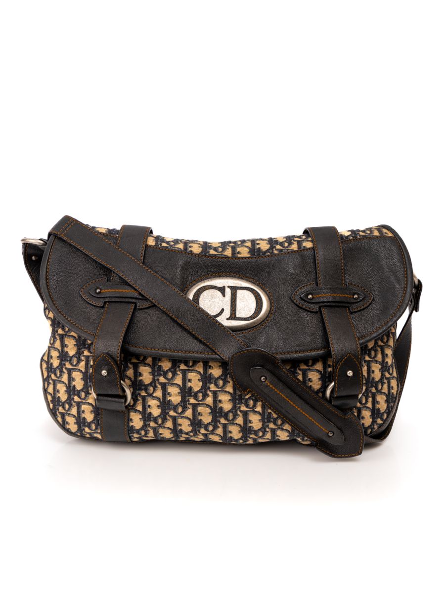 Dior Beige Navy Oblique Canvas & Leather Vintage Trotter Shoulder Bag