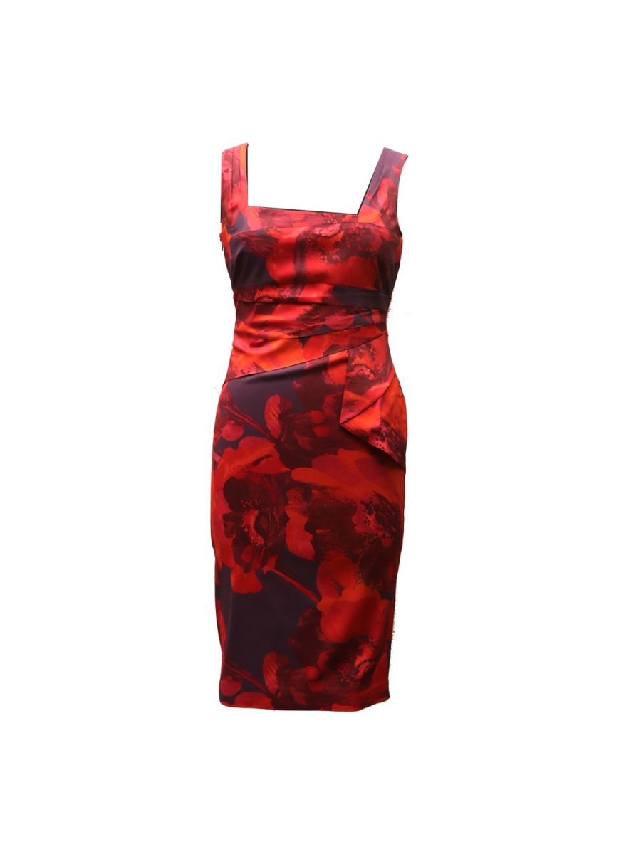 KAREN MILLEN RED & PURPLE PRINTED DRESS SIZE UK 14