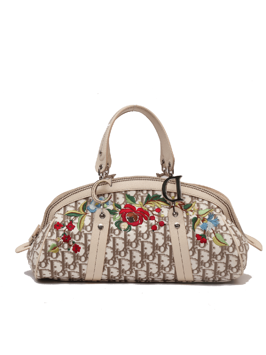 Dior White & Beige Straw and Leather Flower Detective Satchel