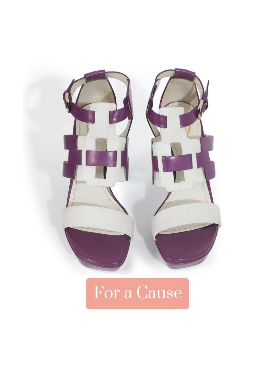 Tods Purple and White Leather Cutout Platform Sandals