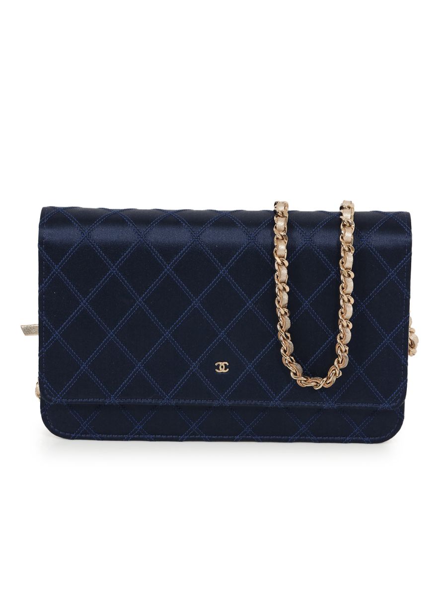 Chanel Navy Blue Satin Wallet On Chain One Size