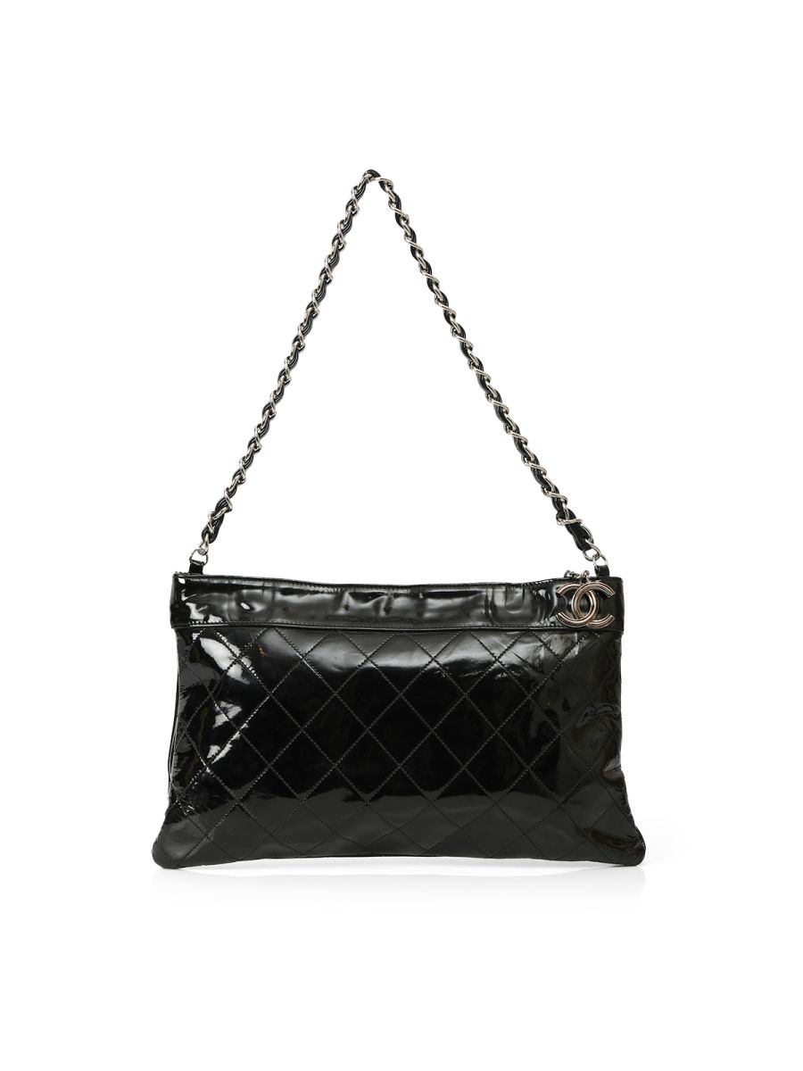 Chanel Black Patent Leather Quilted Pouch One Size