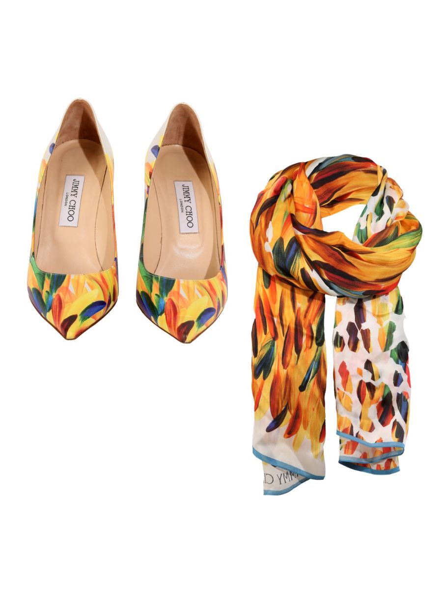 Jimmy Choo Anouk Feather Print Pumps, With Jimmy Choo Multicolour Printed Scarf Combo Size 39