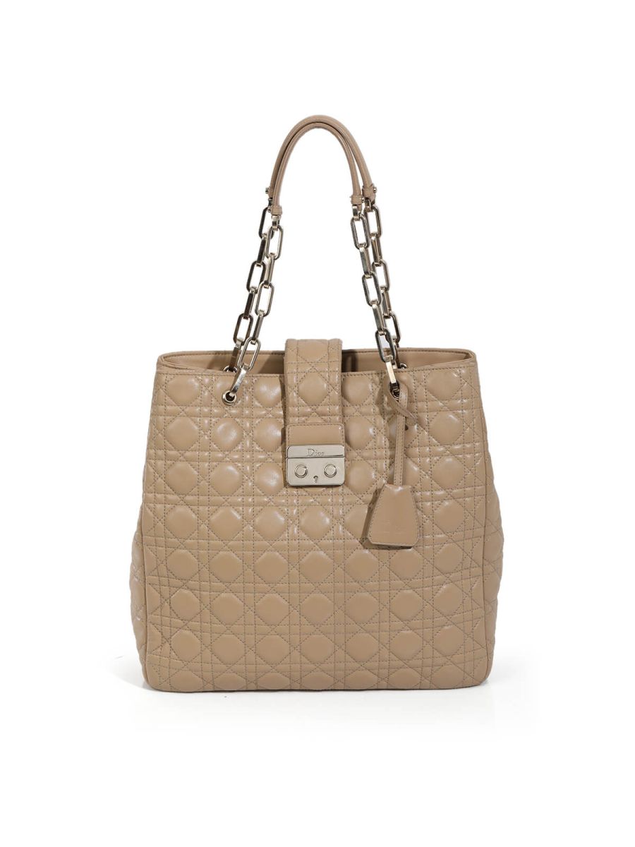 Beige Quilted Cannage Leather Lock Tote 