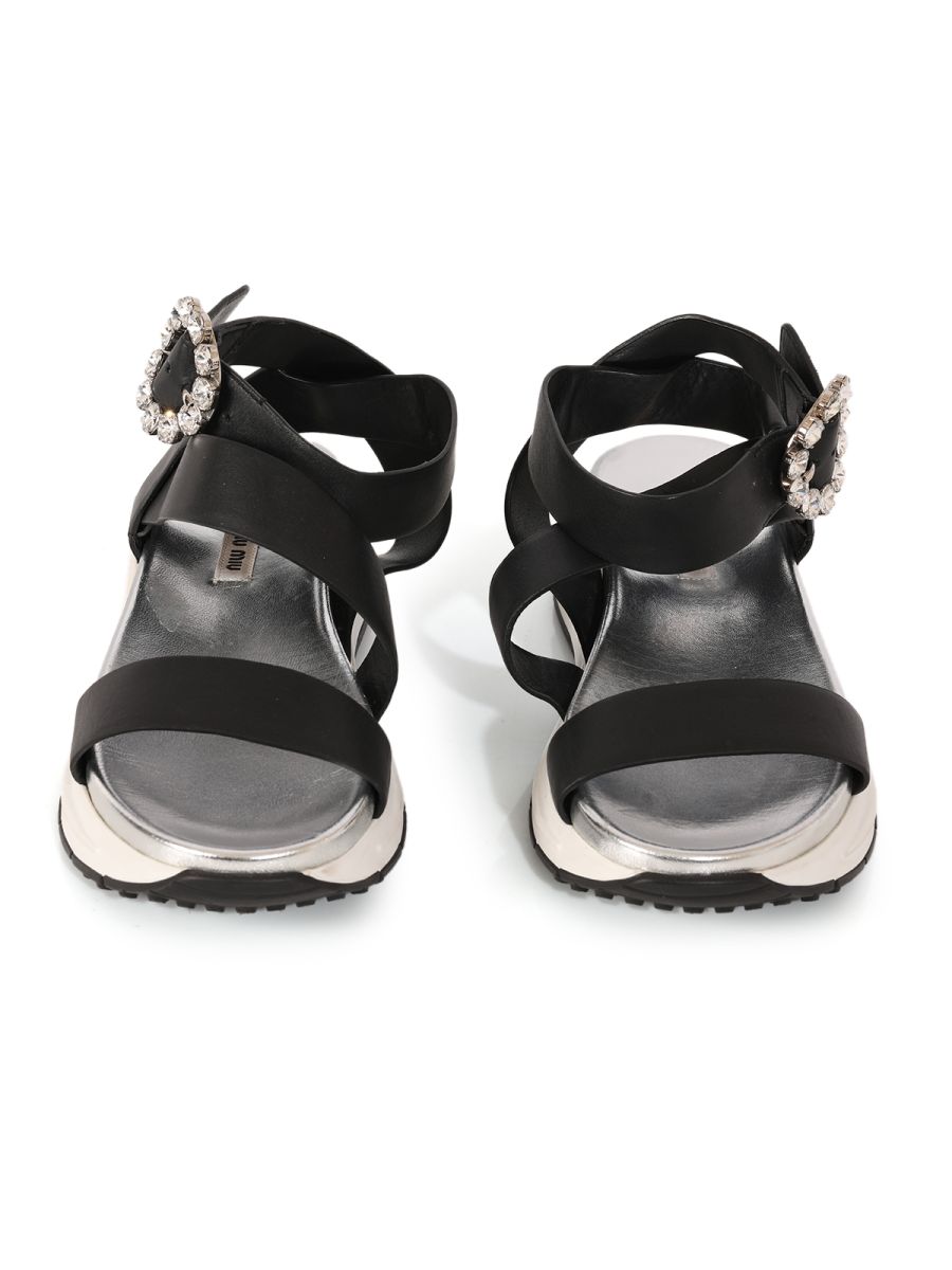 Miu-Miu Black Silver Crystal Buckle Ankle Strap Sandals Size: 39