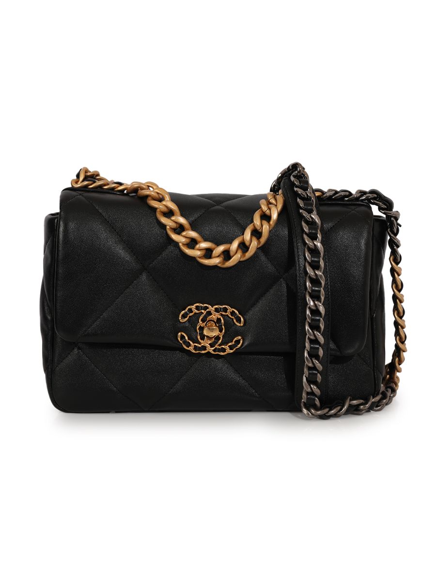 Chanel 19 Handbag Shiny Lambskin, Gold-Tone, Silver-Tone & Ruthenium-Finish Metal Black