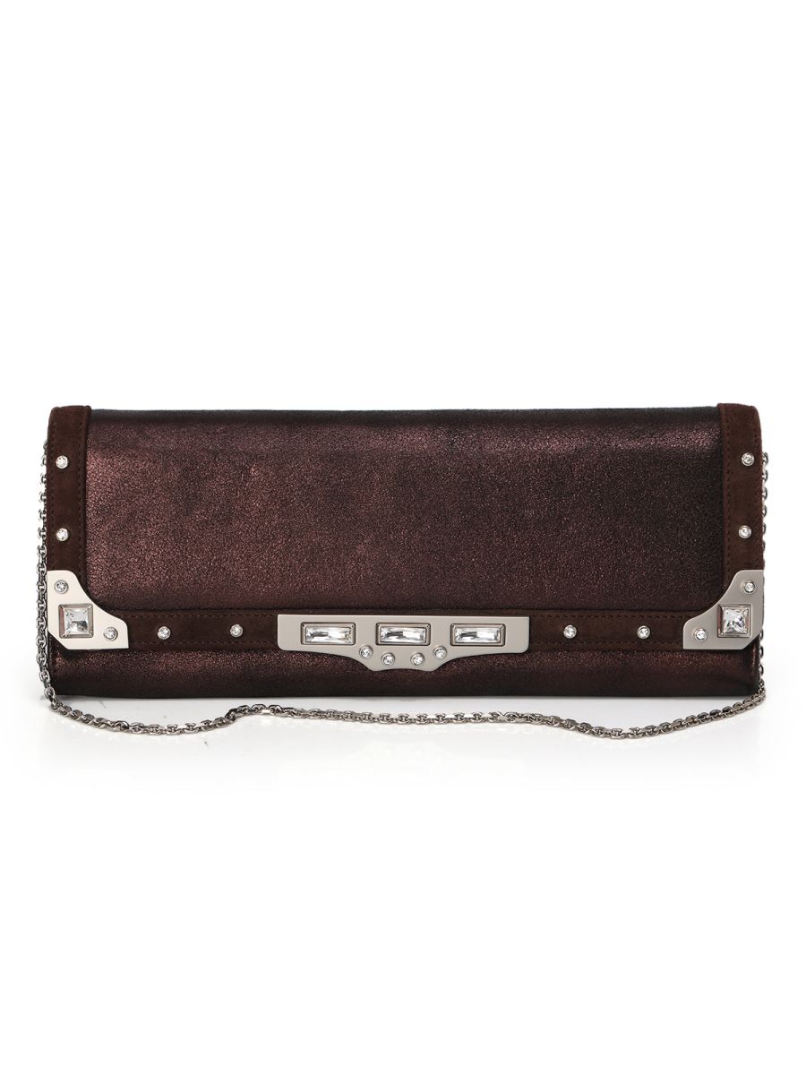 Judith Leiber Studded Chocolate Brown Metallic Clutch With Chain Strap Small