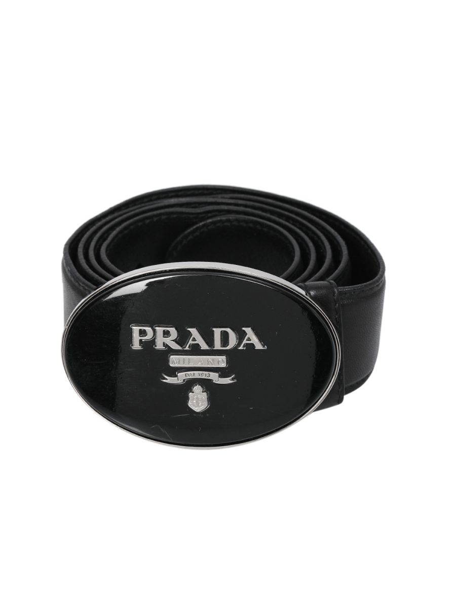 Prada Black Vintage Logo Plaque Leather Belt Size:36