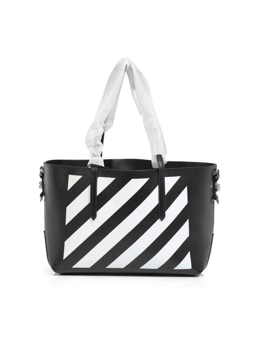Diagonal Stripe Binder Black Tote Bag with Pochette  
