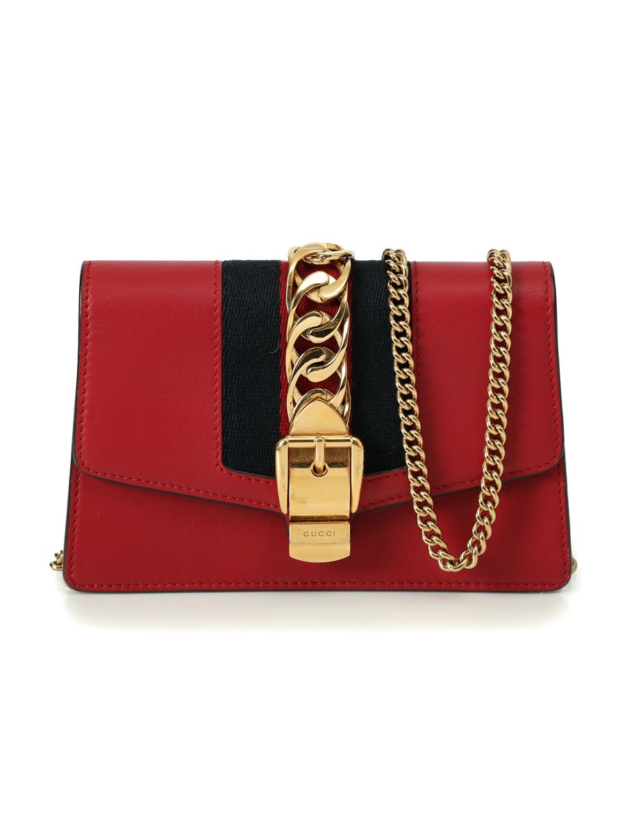Gucci Red Leather Mini Sylvie Chain Shoulder Bag Small