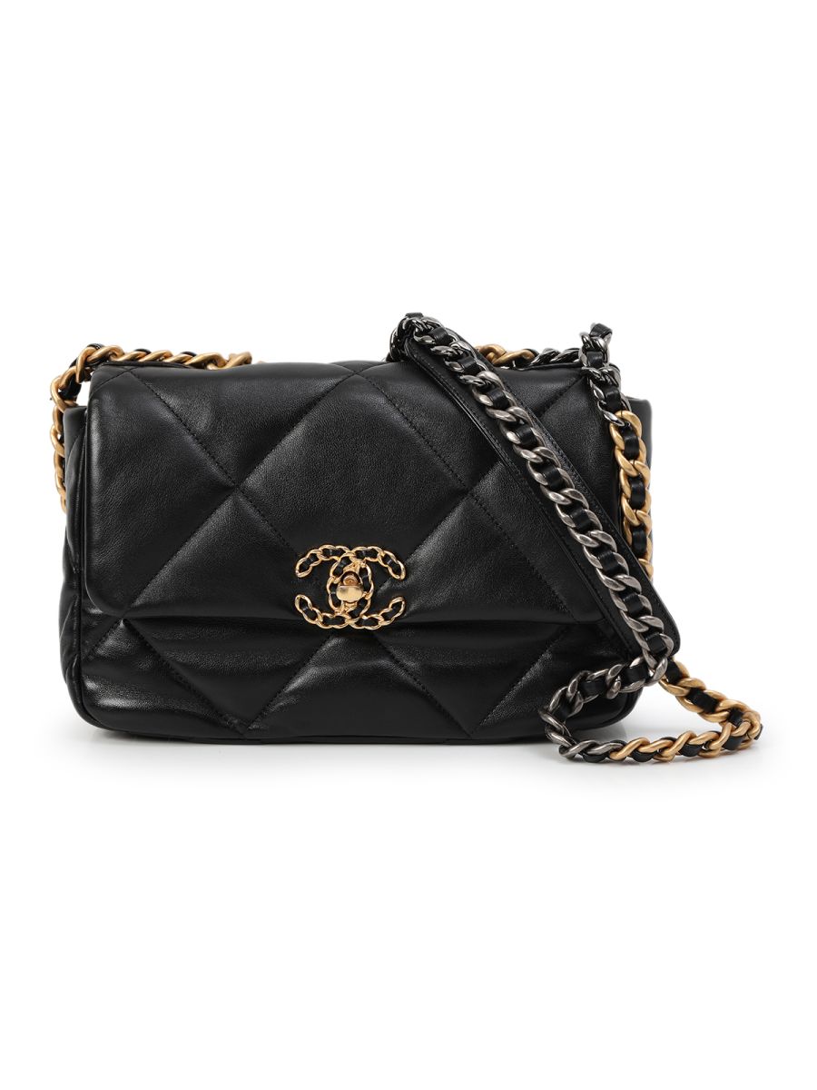 Chanel 19 Handbag, Shiny Lambskin, Gold-Tone, Gun metal-Tone & Ruthenium