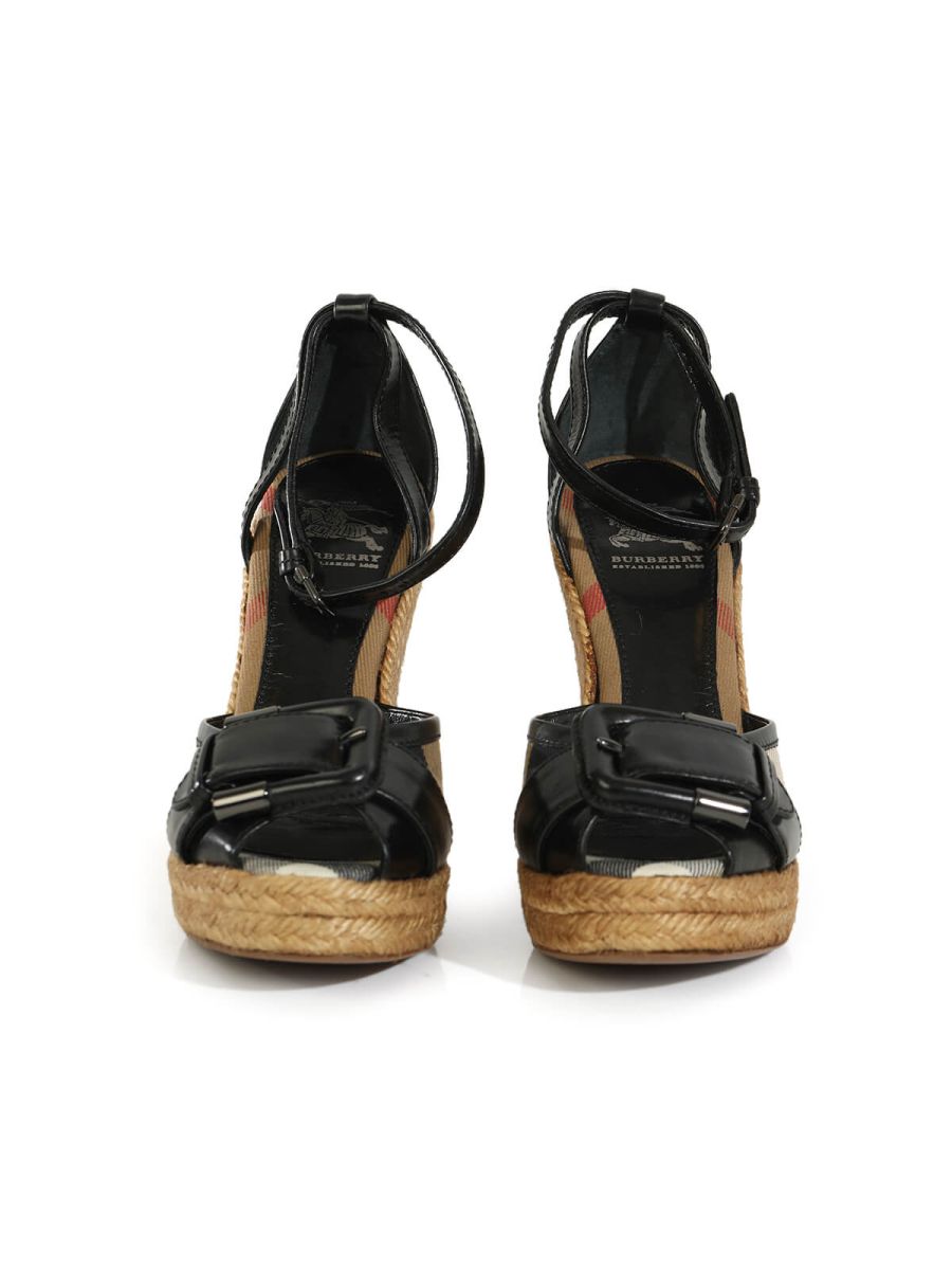 Burberry Black Leather and Novacheck Canvas Buckle Detail Peep Toe Espadrille Wedge Sandals/Size-36