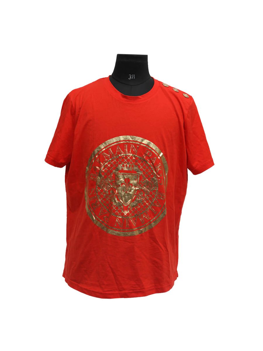 Red Cotton Unisex T-Shirt With Golden Logo/Size-44/XL