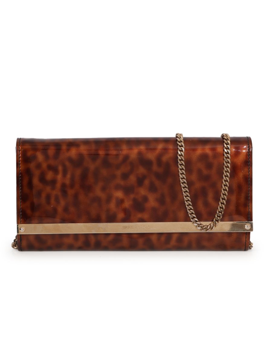 Jimmy Choo Patent Leopard Print Clutch With Chain Strap Small