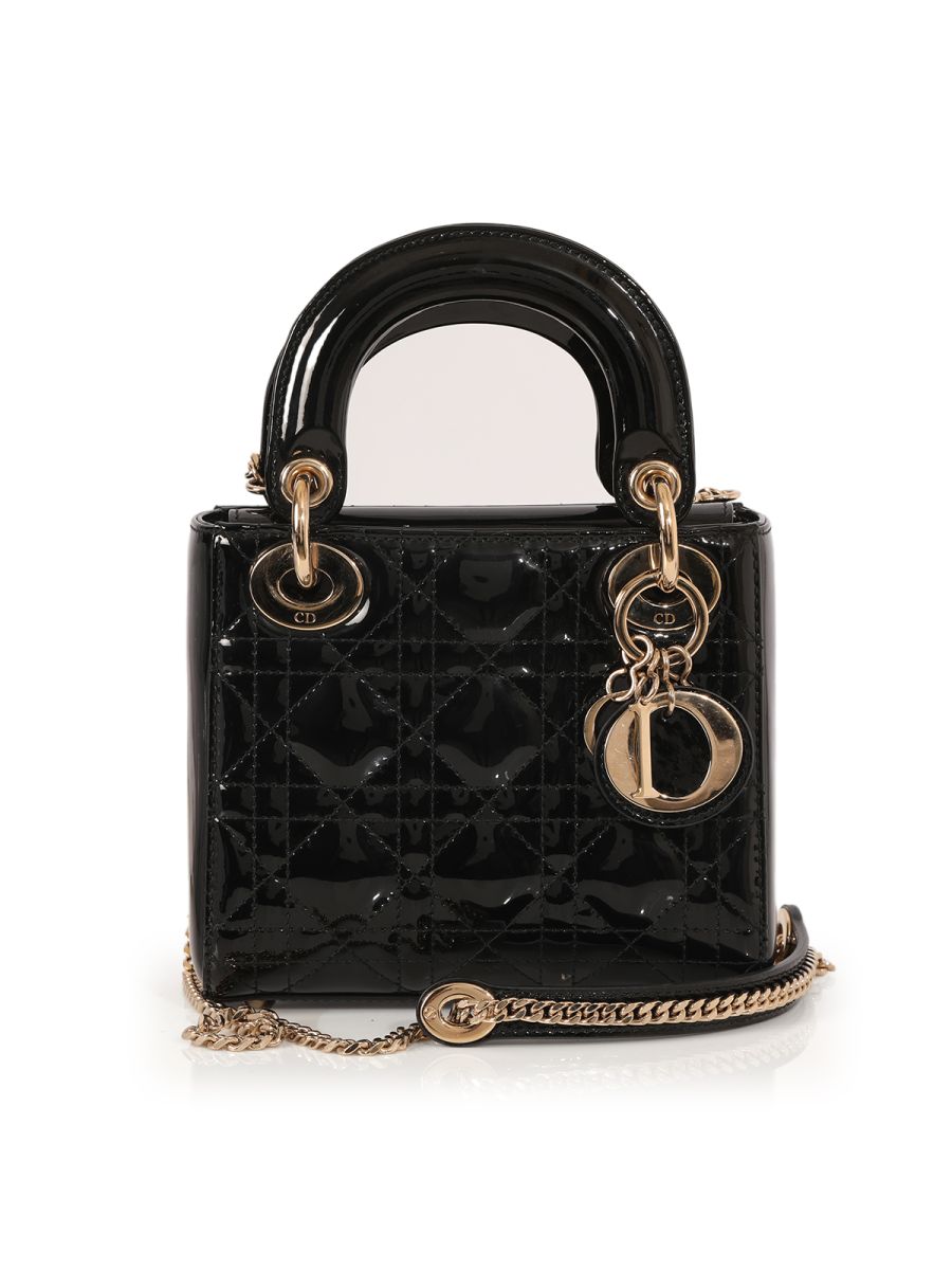 Christian Dior Mini Lady Dior Black Patent Leather Cannage Calfskin Bag