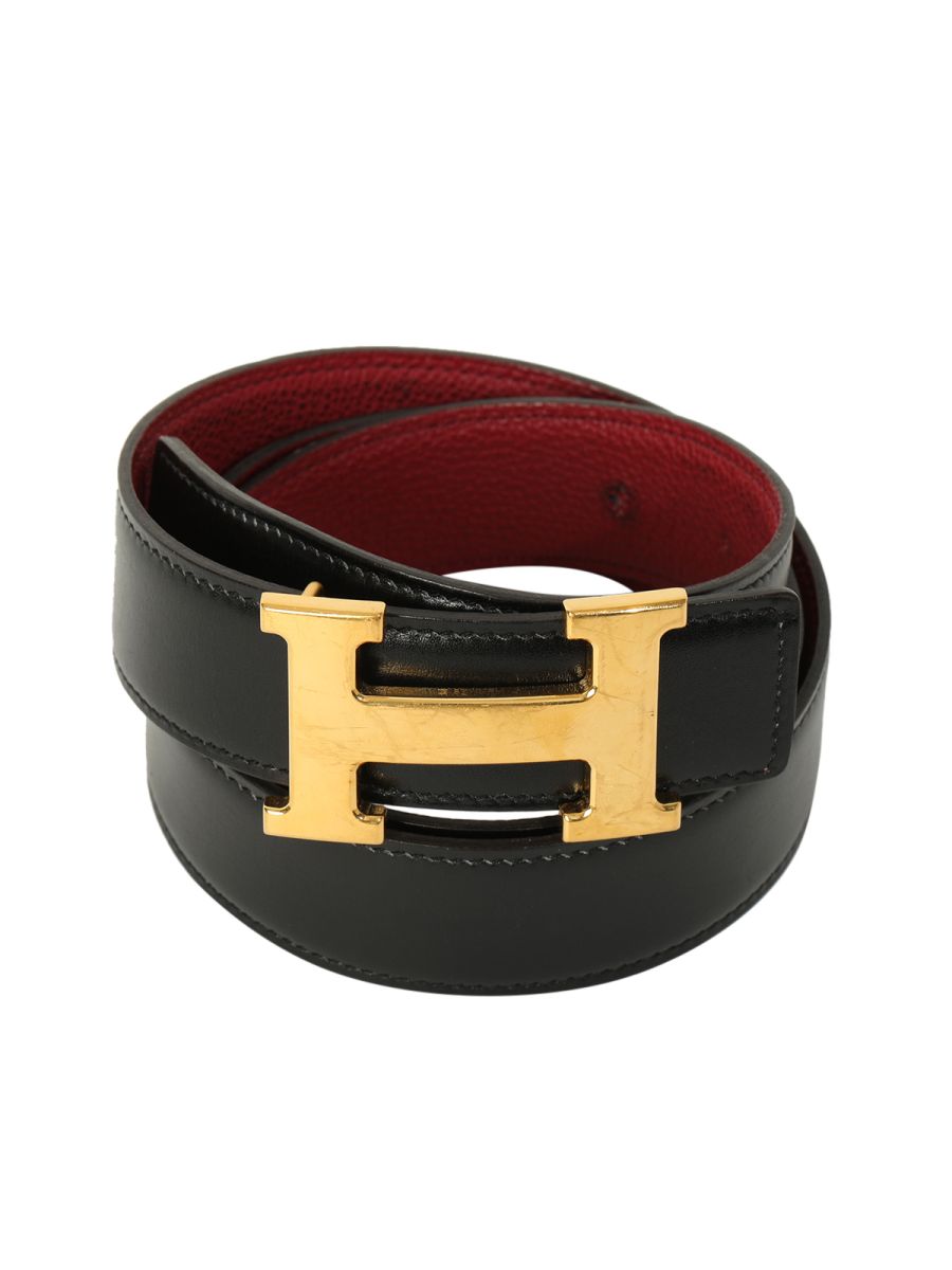 Hermes Reversible Leather Belt Pink And Black With Gold Buckle / Size -90