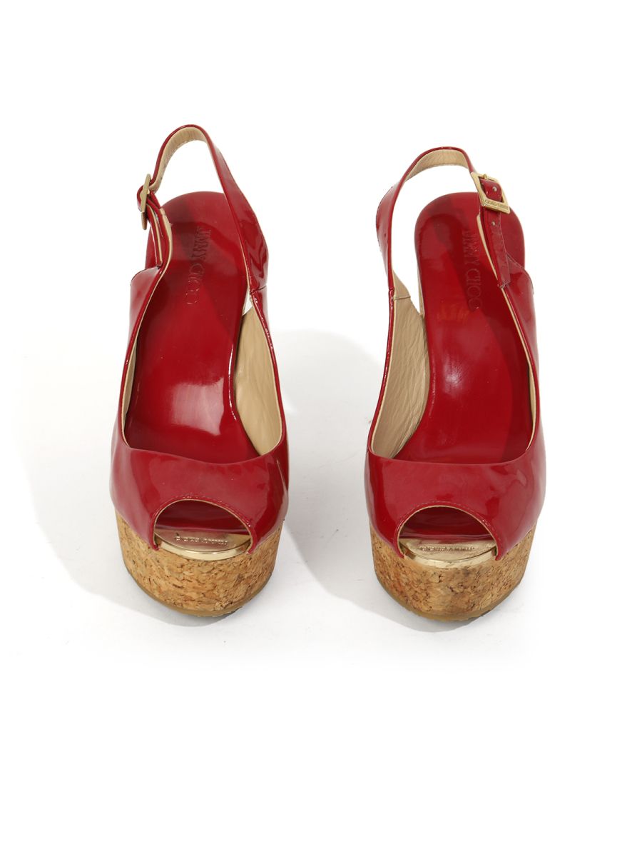 Jimmy Choo cherry Red Patent Leather Prova Cork Wedge Peep Toe Platform Slingback Sandals Size-37