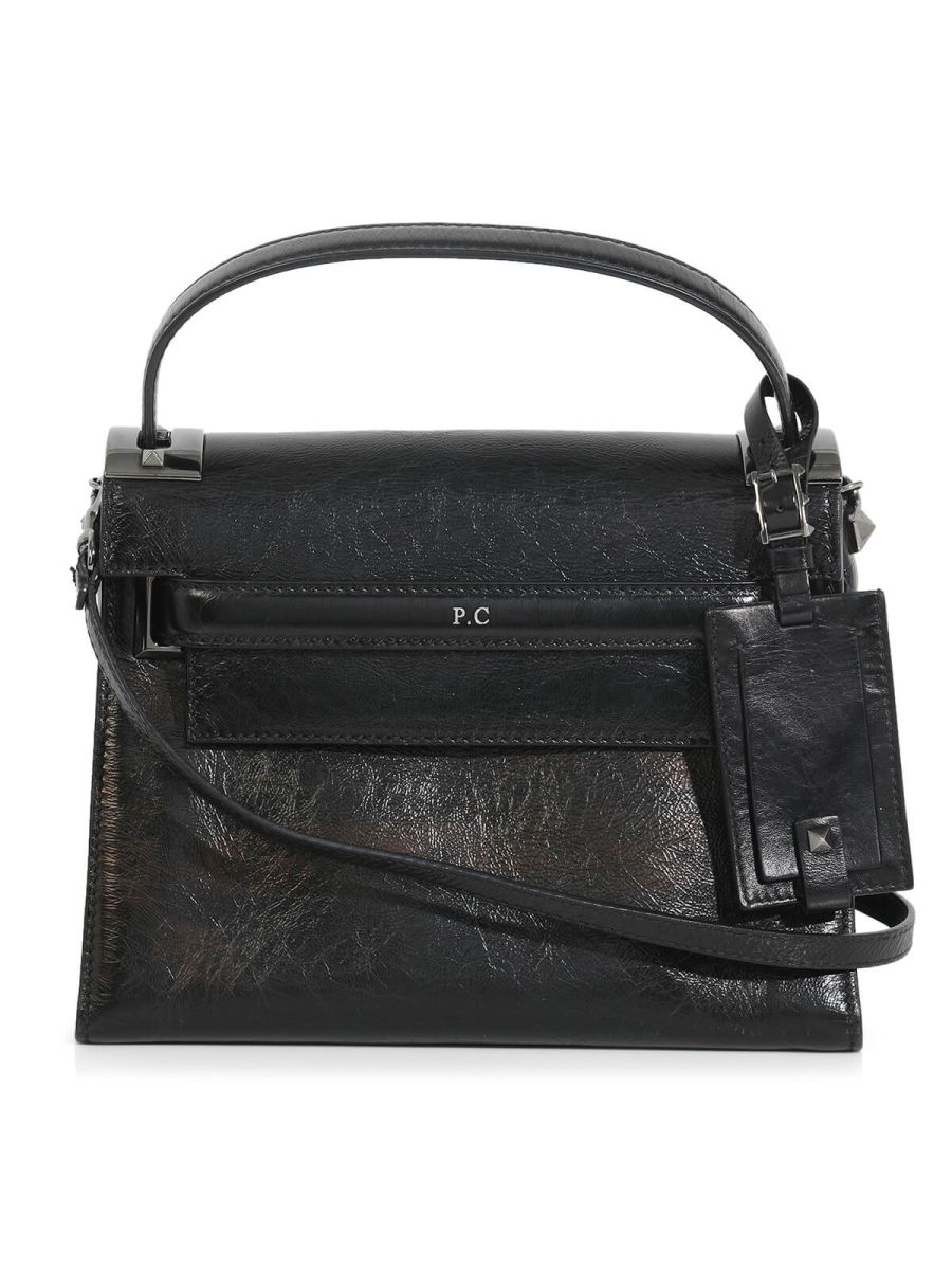 Black Leather Top Handle Bag with Long Strap