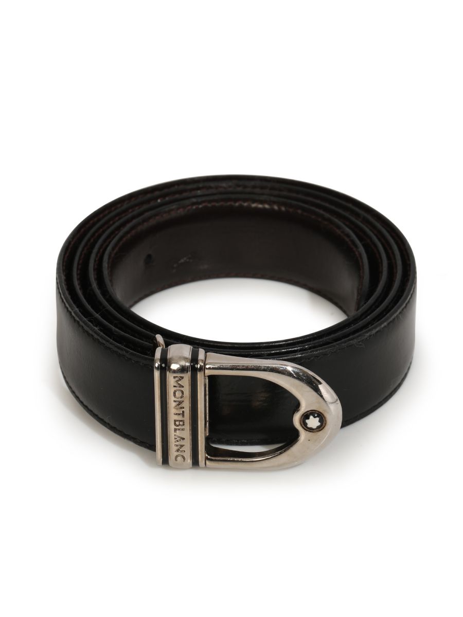 Montblanc Black Leather Silver Buckle Men's Belt Size- 41"