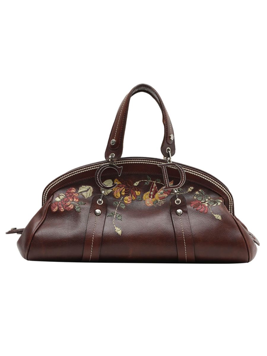 Dior Brown Leather 'Vintage Flowers' Embroidered Satchel Handbag
