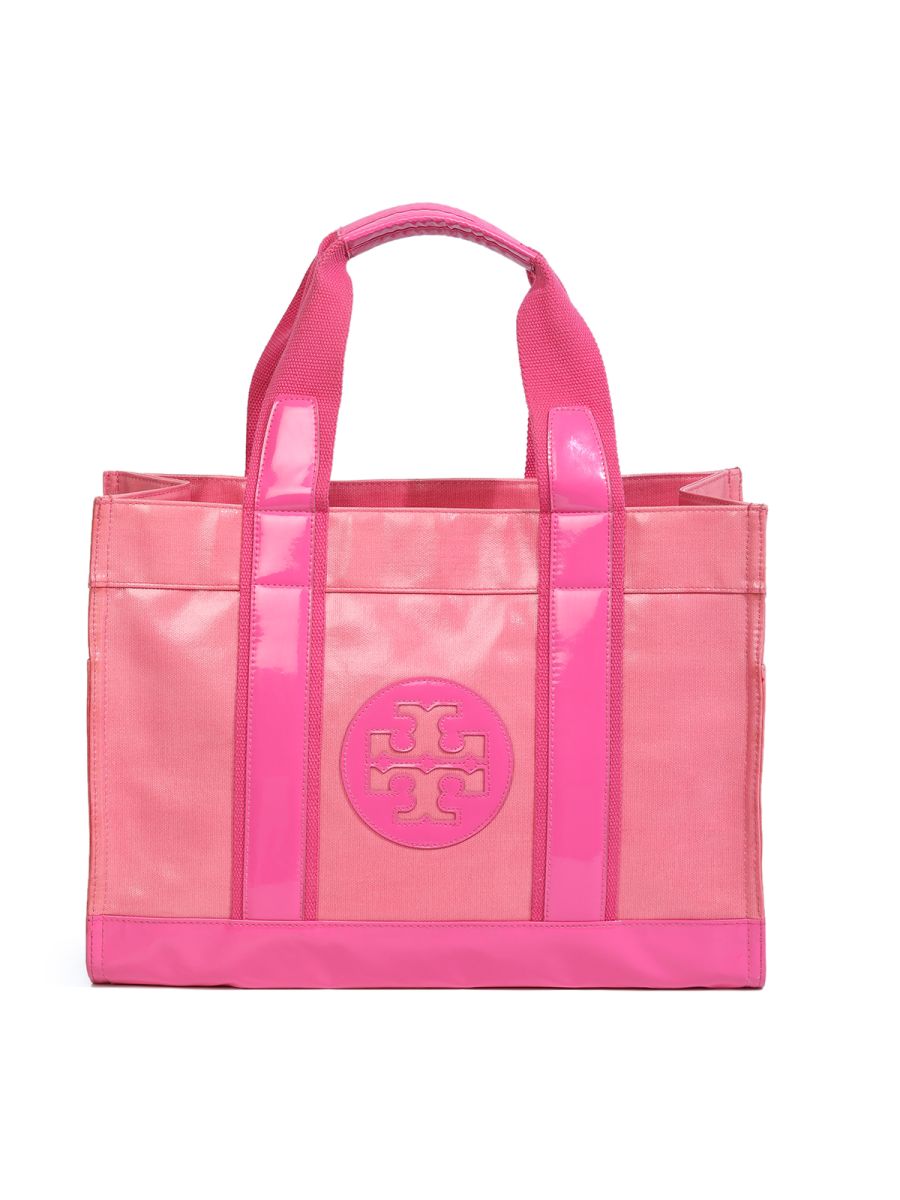 Tory Burch Magenta Patent Leather and Canvas Logo Embossed Tote