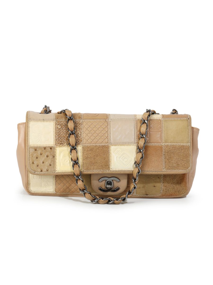 Chanel Lambskin Ostrich Pony Hair Quilted Patchwork Precious Symbols Flap Bag Beige