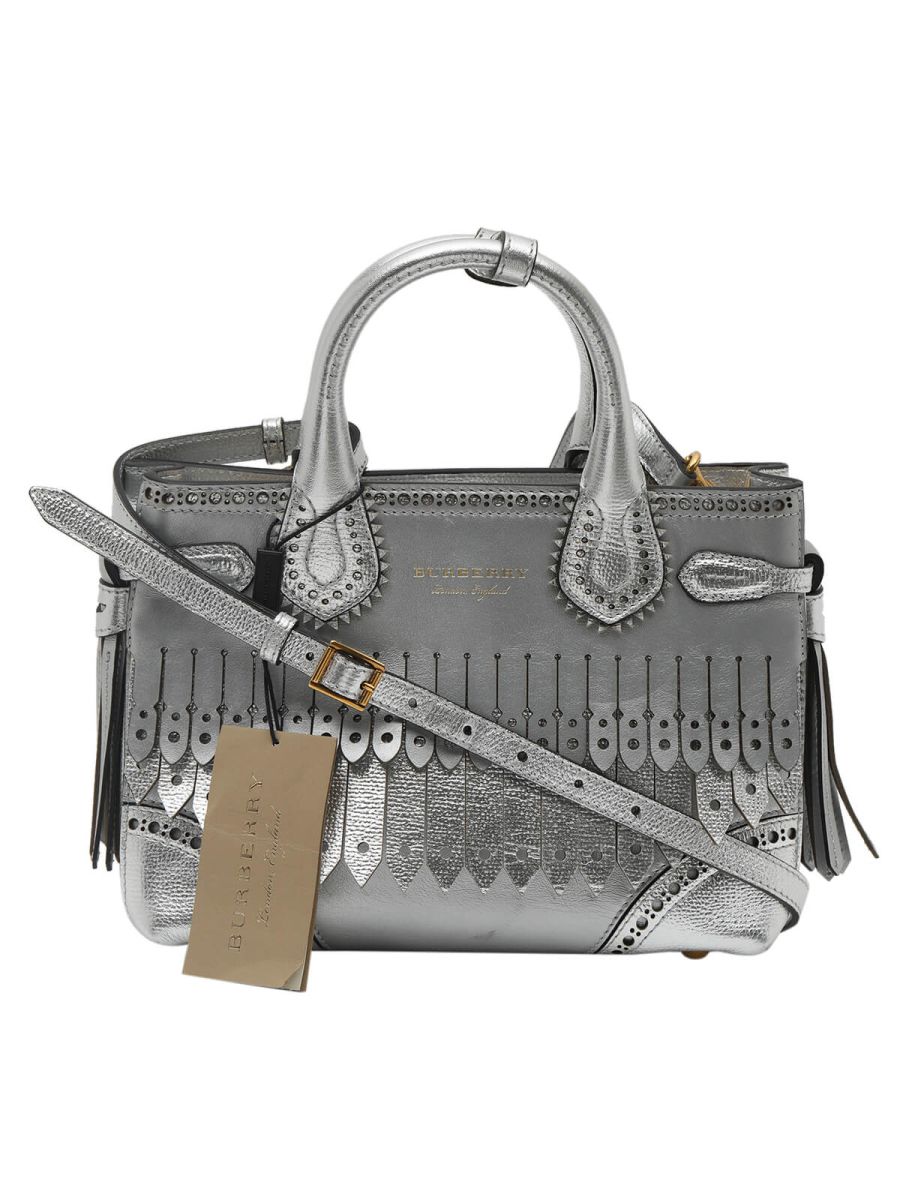 Silver Metallic Calfskin Brogue Handbag with Strap