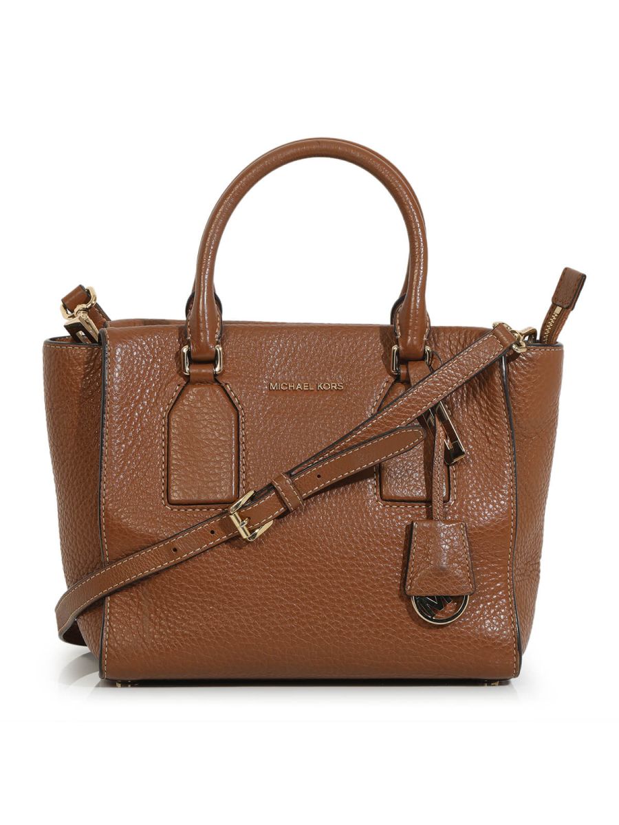 Tan Selby Pebbled Leather Medium Satchel with strap