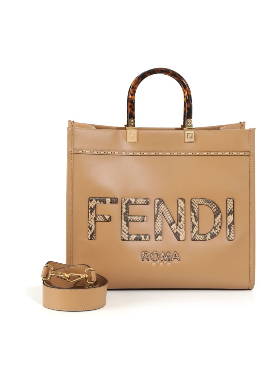 Fendi Sunshine Medium Light Brown Leather And Elaphe Shoulder Bag