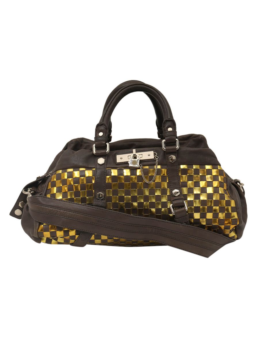 Intrecciato Two Tone Mud Brown/Golden Handbag with Strap