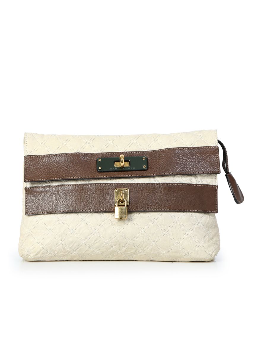 Marc Jacobs Cream/Brown Quilted Shimmer Leather Turnlock Double Flap Clutch