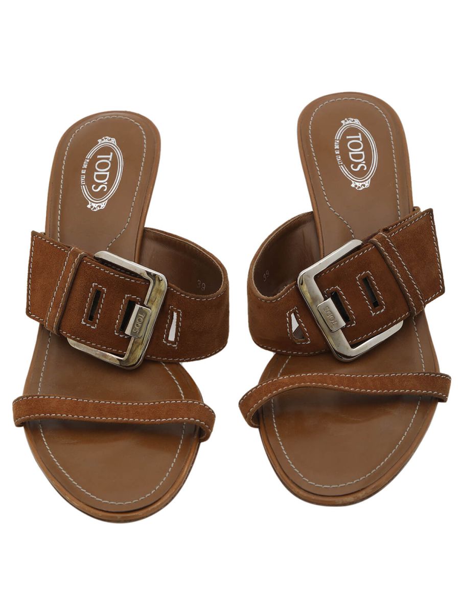 Tan Leather Buckle Detail Slide Sandals Size 39 EUR