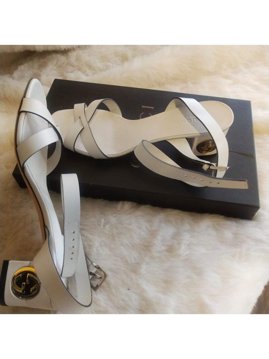 Gucci White Leather Ankle Strap GG Logo Heel Sandals Size - 37