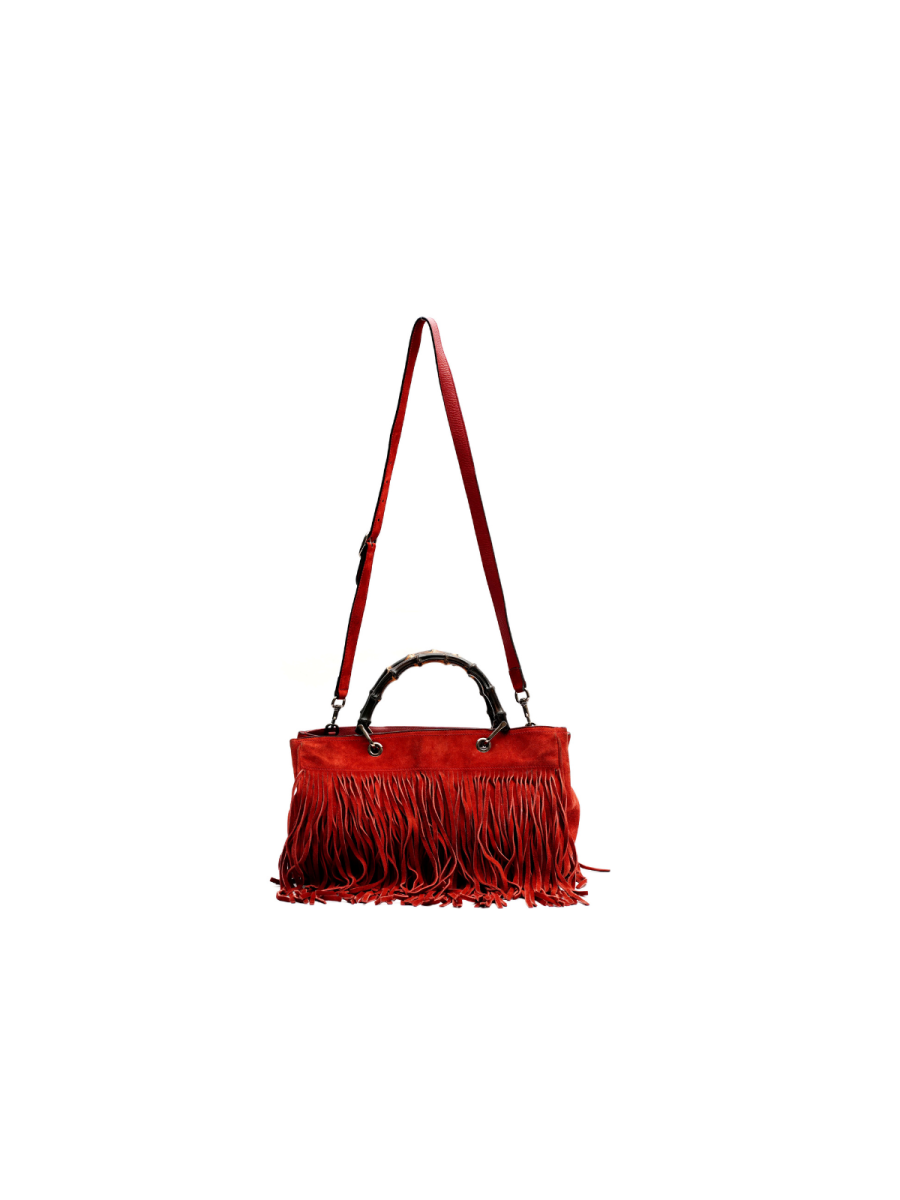 Red Suede Bamboo Fringe Shopper Tote Bag