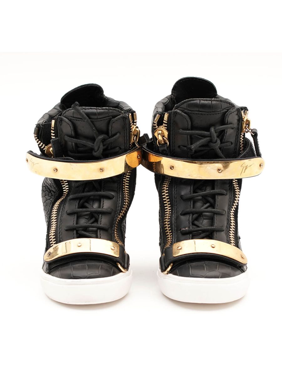 Black Croc Embossed Leather Lorenz Wedge Sneaker Size 35