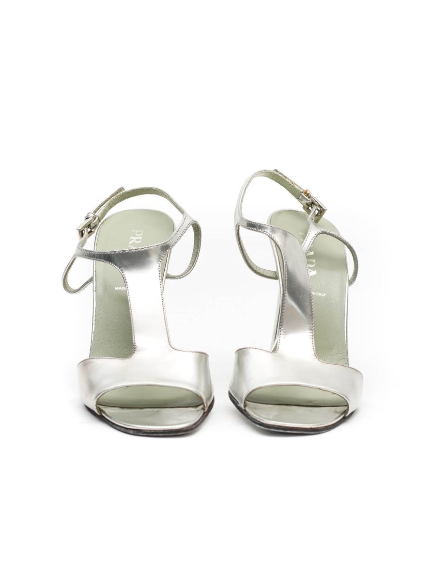 Silver Leather Ankle Strap Sandals Size 36 EUR