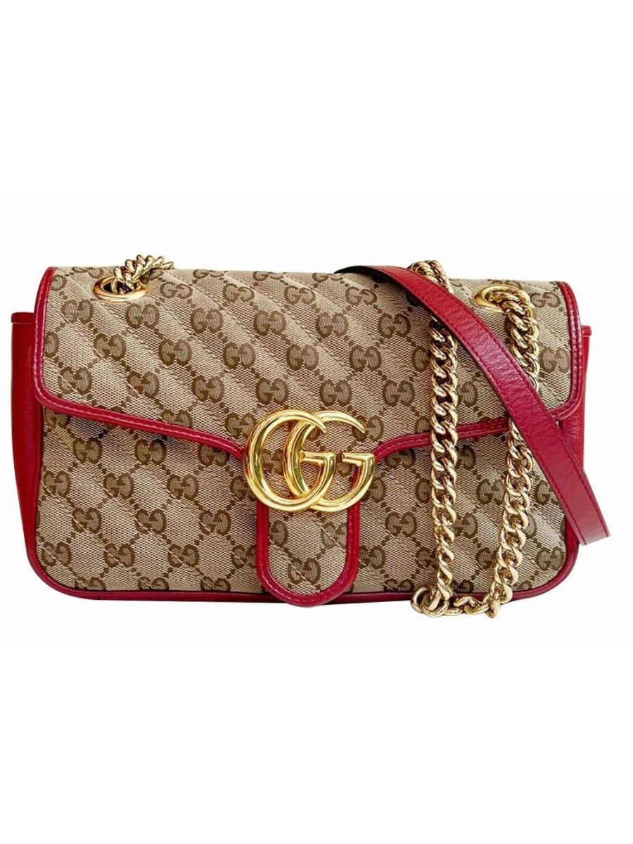 Gucci Beige Red GG Quilted Canvas Marmont Medium Shoulder Bag